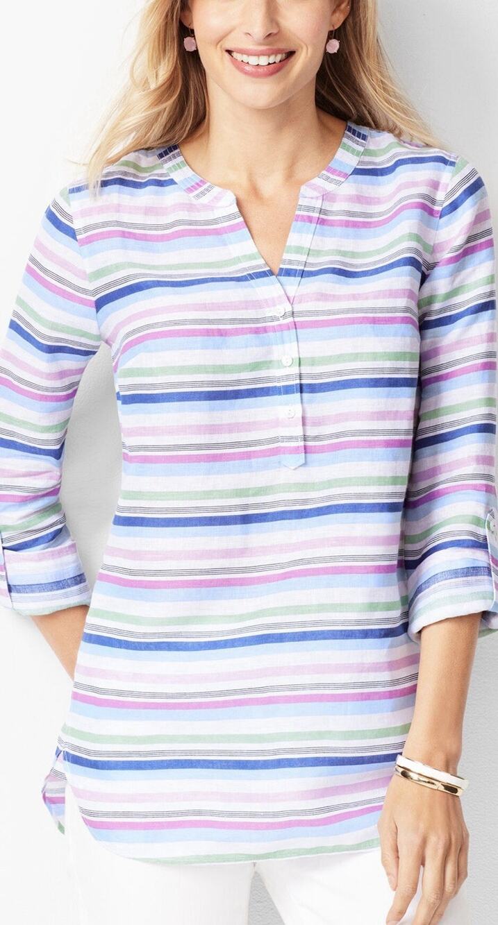 Talbots Linen Striped Popover Camp Shirt Blue Pink Green Roll Tab VNeck Women XL